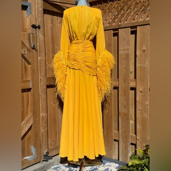 🆕 BRONX & BANCO 🧿 NWOT Geisha Feather-Trim Maxi Dress, Mustard - Sz S US 4 - Picture 8 of 15